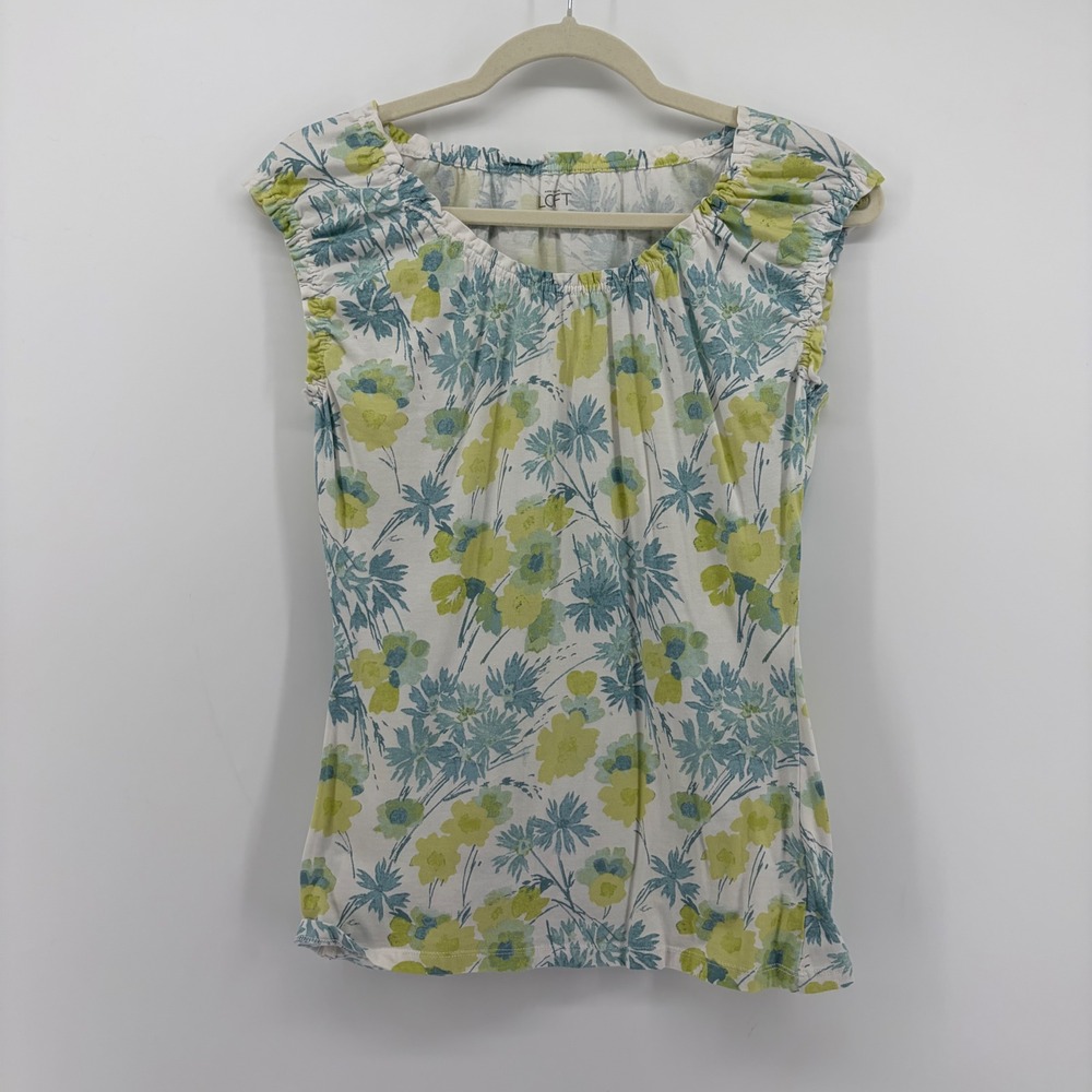 Ann‎ Taylor LOFT Womens Small Multicolor Floral Cap Sleeve Ruffle Scoop Neck Top